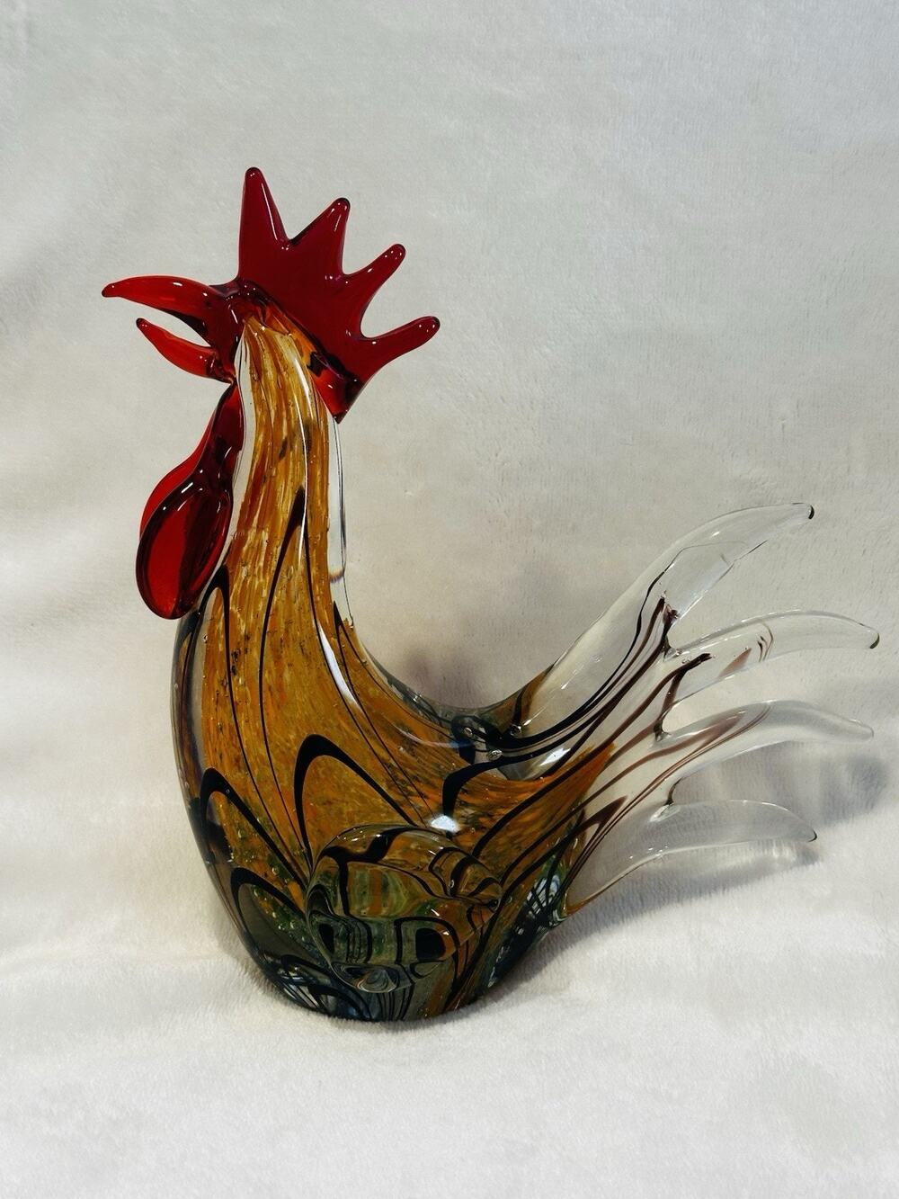 Vtg Hand Blown MURANO Glass Style Rooster Paperweight 9” Tall Farmhouse Country